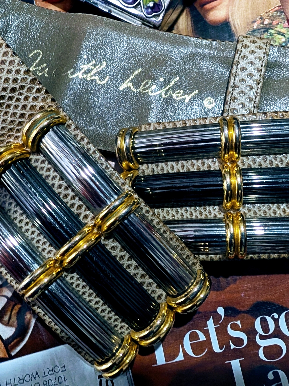Judith Leiber Black and Gold Lizard-Trim Buckle Belt